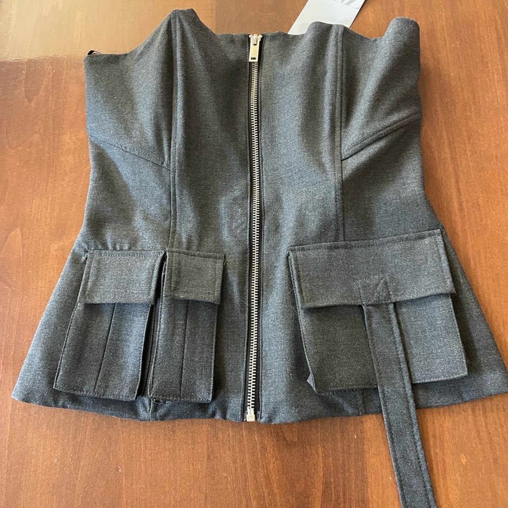 Gray Zip-Up Corset Top with Pockets